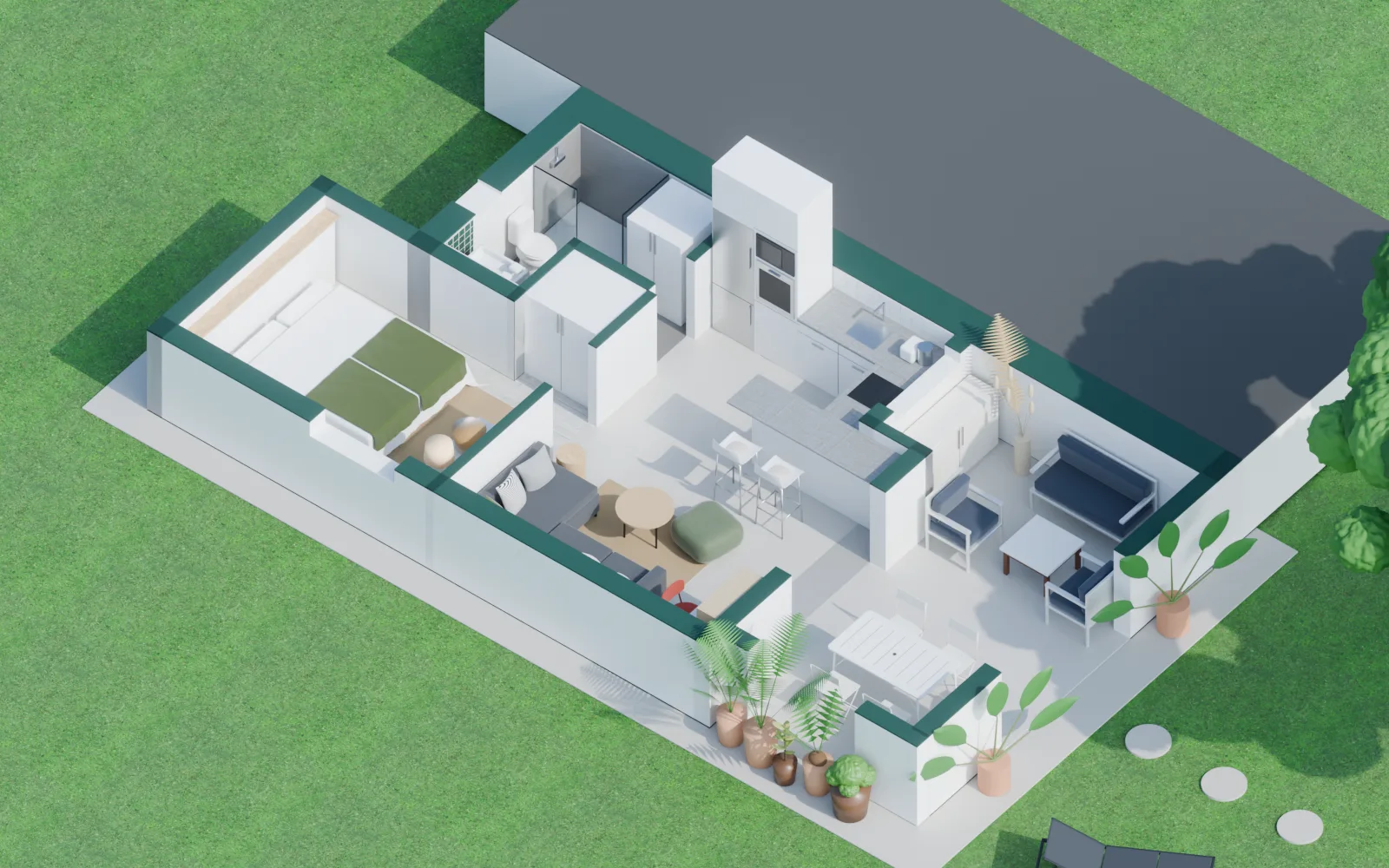 3D model of the house seen from above, roof removed